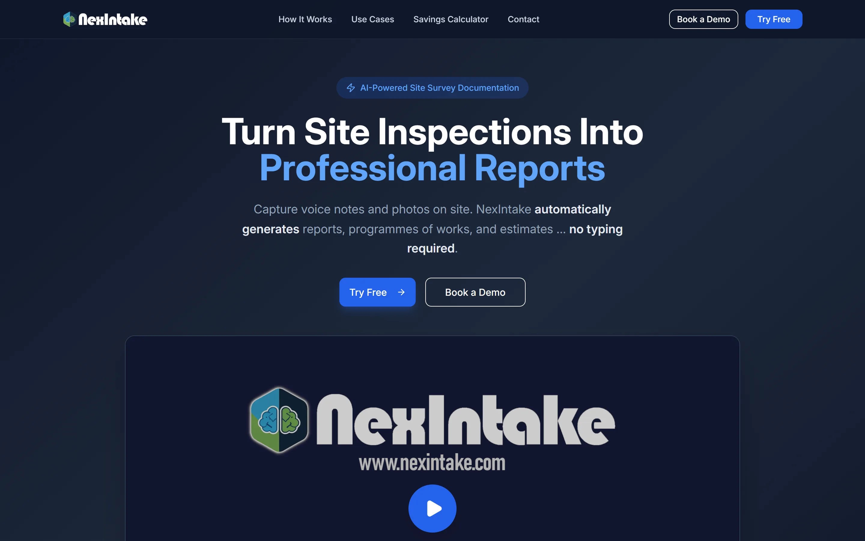 NexIntake homepage: turn site inspections into professional reports