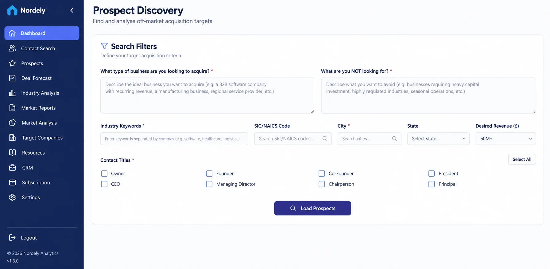 Prospect discovery screen with acquisition criteria, industry, location, revenue and contact title filters