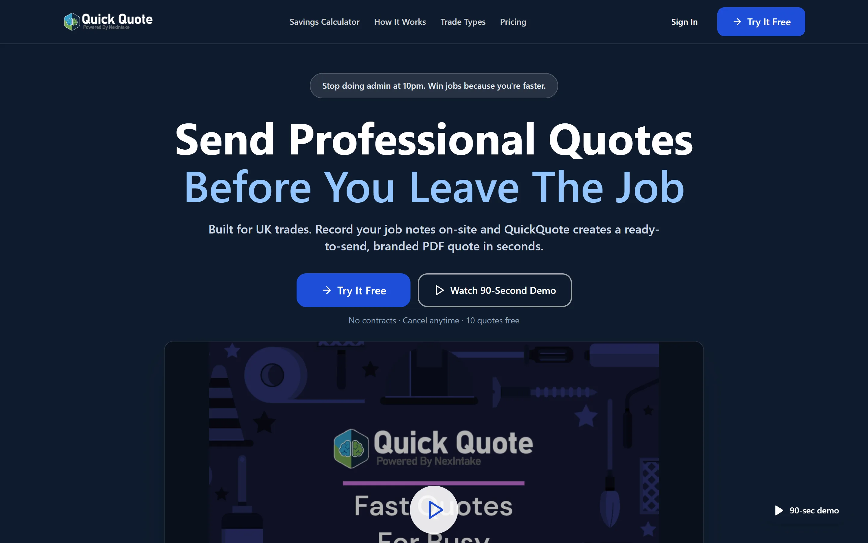 QuickQuote homepage: send professional quotes before you leave the job